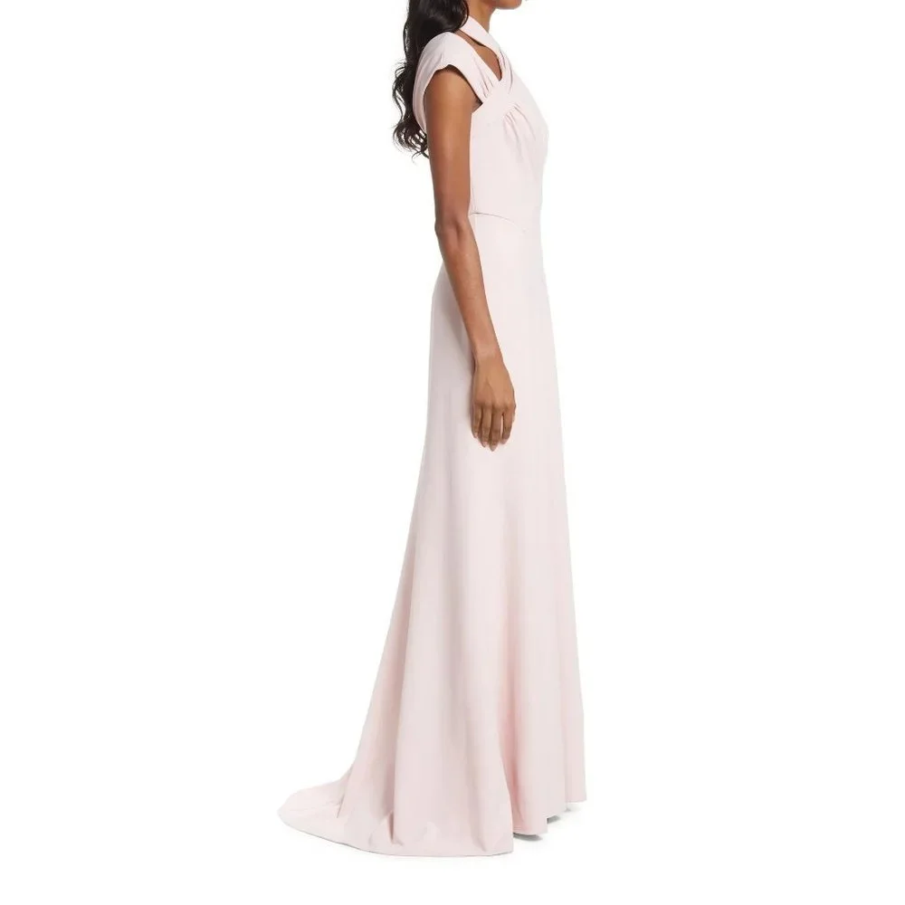 TADASHI SHOJI Cap Sleeve Cross Neck Trumpet Gown Dress Dusty Rose Large 10-12 - Picture 3 of 12